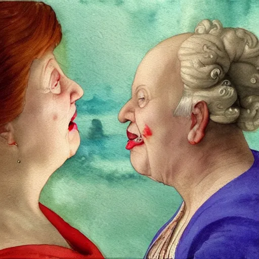 Prompt: a very funny stylize oil painting in renaissance style of a sweet fat old woman kissing her reflection. symmetry face, red mouth, blue eyes. flowery dress. hyper realistic scene. 3 d, octane render, deep focus. very funny and sweet image. unreal engine. watercolor. fellini style. klee style.