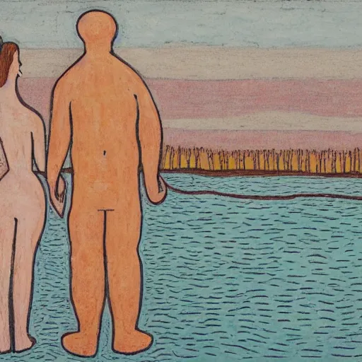 Image similar to A beautiful installation art of a man and a woman are standing on a dock, looking out at a body of water. The woman has her hand on the man's shoulder, and they appear to be deep in conversation. The colors in the installation art are muted, and the scene has a calming feeling. by Jean Dubuffet, by M.W. Kaluta realist, balmy