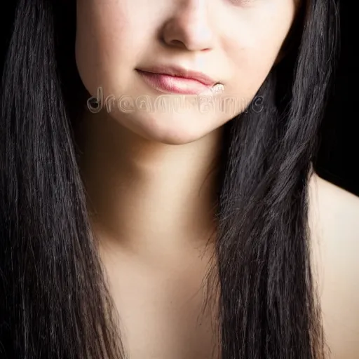 Image similar to young woman with long messy black hair, slightly smiling, 1 3 5 mm nikon portrait