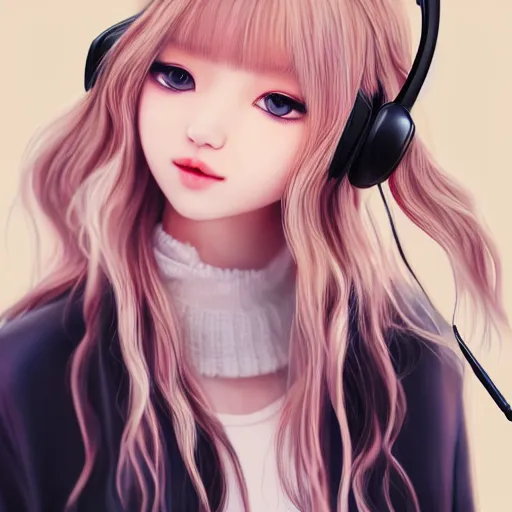 Image similar to realistic beautiful gorgeous natural cute Blackpink Lalisa Manoban blonde hair cute fur blonde cat ears, wearing summer outfit, wearing headphones, wearing black leather choker artwork drawn full HD 4K highest quality in artstyle by professional artists WLOP, Taejune Kim, Guweiz on Artstation Pixiv