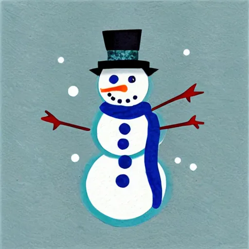Image similar to mixed media winter snowman icon collage illustration in soft watercolor style, ice blue cold hues