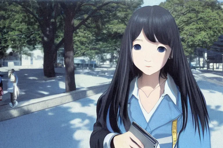 Image similar to japanese style, a 1 5 - year - old girl with long black hair, wearing a black uniform and sky blue short skirt, blue pupils, blue tie, carrying a black backpack, watching the tram slowly approaching at the tram stop, surrealism, movie level realism, virtual engine 5, detail texture, real light and dark composition, mixer rendering