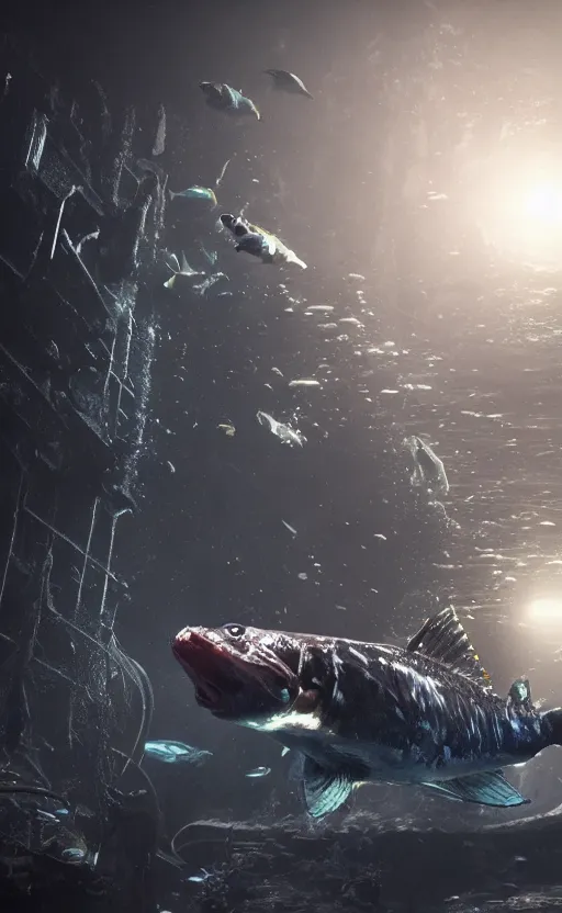 Image similar to cybernetic piranha with a white exoskeleton, dark underwater scene, unreal engine, raytracing, 4 k