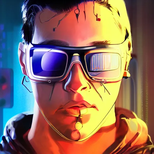 Prompt: Male cyborg, battle-damaged, wearing facemask and sunglasses, youthful face, backlit by neon, headshot, cyberpunk, wires, cables, lenses, gadgets, Digital art, detailed, anime, artist Katsuhiro Otomo