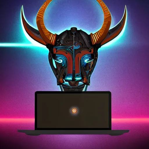 Prompt: stylized cyberpunk minotaur with laptop logo
