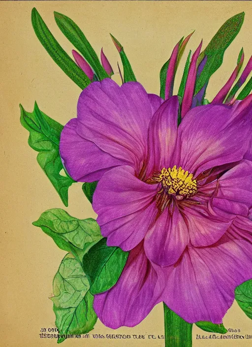 Prompt: fantasy scientific botanical illustration of colorful flower with a big female mouth