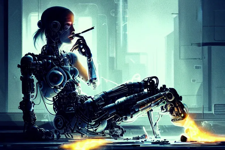 Image similar to Ultra realistic illustration, beautiful alluring damaged cyborg sitting on the floor of a destroyed spaceship, smoking a cigarette while being put back together in an super advanced military medical bay, cyberpunk, sci-fi, fantasy, sparks, small flames, smoke, intricate, elegant, highly detailed, digital painting, artstation, concept art, smooth, sharp focus, illustration, gorgeous cinematic lighting, art by artgerm and greg rutkowski and alphonse mucha