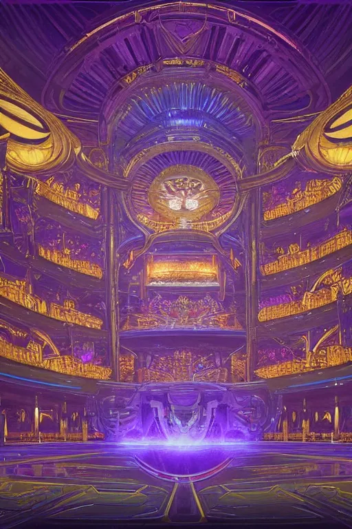 Prompt: Concept Digital Art Highly detailed Alien Art Deco Cybertron Grand stage inside of the Vosian Opera house with glowing royal purple water at midnight by greg rutkowski, Ilya repin, alphonse mucha, and Edmund Blair Leighton. Very highly detailed 8K, octane, Digital painting, the golden ratio, rational painting, sharp