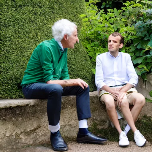 Image similar to mid white hair old emmanuel macron with green shirt and white short, sitting in ile de re house garden