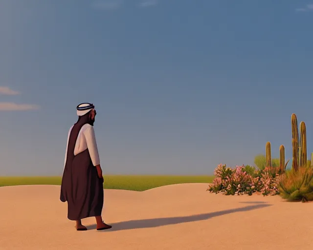 Prompt: an arabic man in the desert with wildflowers, makoto shinkai, loish, studio ghibli, tooth wu