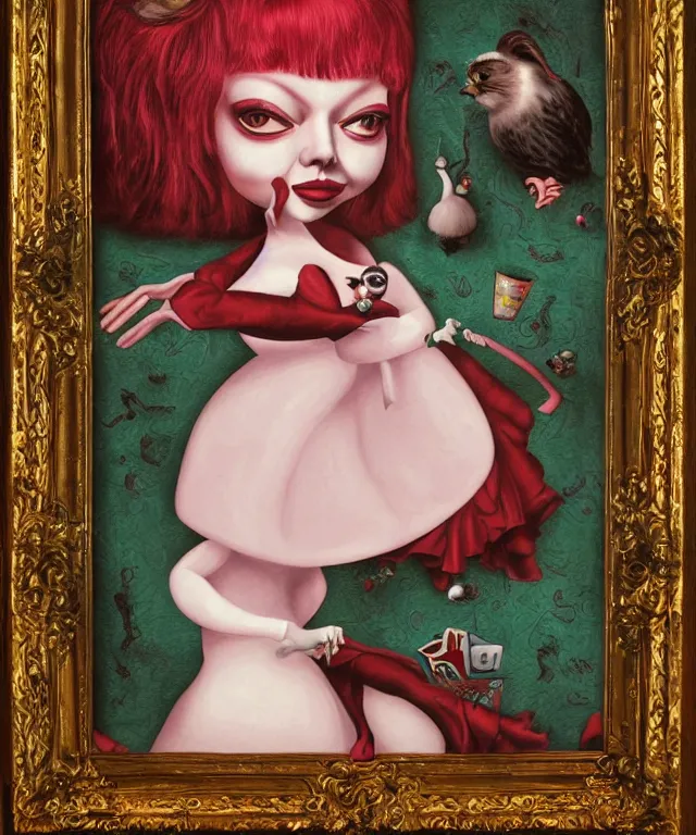 Image similar to portrait of Emma Stone in wonderland, lowbrow painting by Mark Ryden