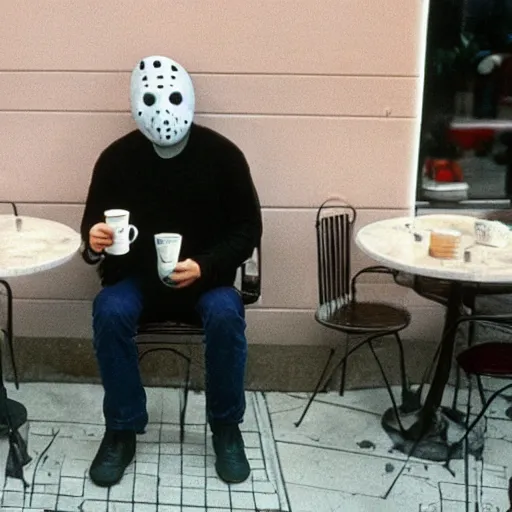 Image similar to photograph of jason voorhees having a coffee at an european caffé