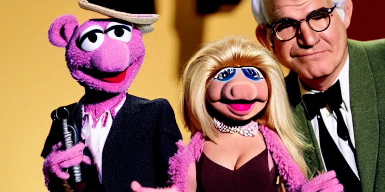 Image similar to Photoreal Cinematography of a photorealistic muppet version of Debbie Harry hosting The Muppet show with actor Steve Martin