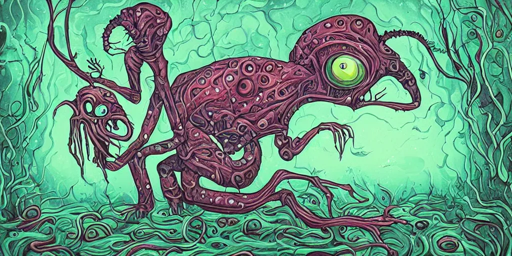 Image similar to extremely disturbing alien creature crawling through a swamp, created by Jeremiah Ketner