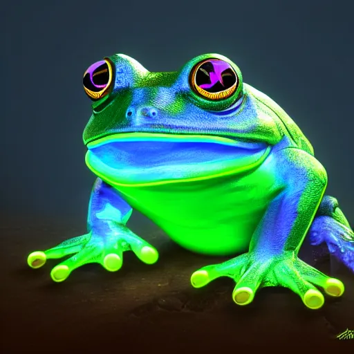 Prompt: illuminated cyber frog, vivid colors, high details, cinematic, 8k resolution, beautiful detailed, photorealistic, digital painting, artstation, concept art, smooth, sharp focus, illustration, fantasy background, artstation trending, octane render, unreal engine