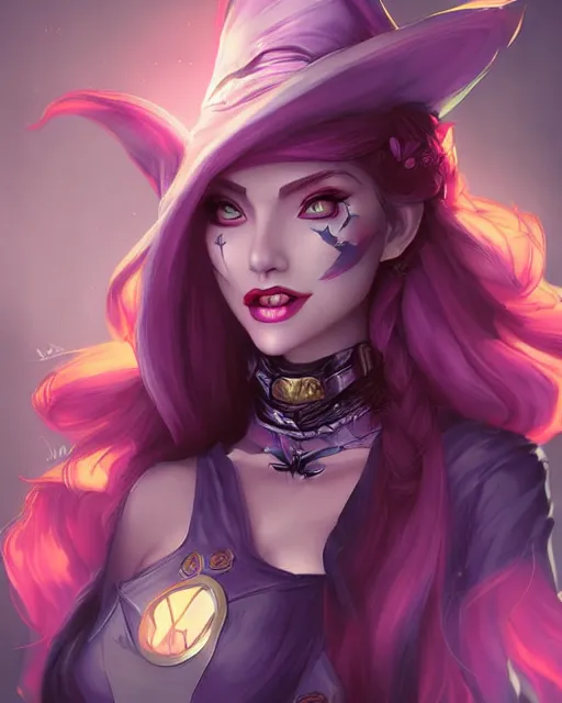 Image similar to Jinx League of Legends beautiful digital illustration portrait of a Witch who design by Ross Tran, artgerm detailed, soft lighting