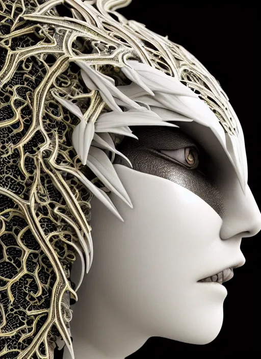 Image similar to bw close - up profile face, black background, beautiful young porcelain vegetal - dragon - cyborg - female, 1 5 0 mm, beautiful natural soft rim light, silver gold details, magnolia leaves and stems, roots, fine lace, mandelbot fractal, elegant, ultra detailed, white metallic armour, octane render, h. r. giger style