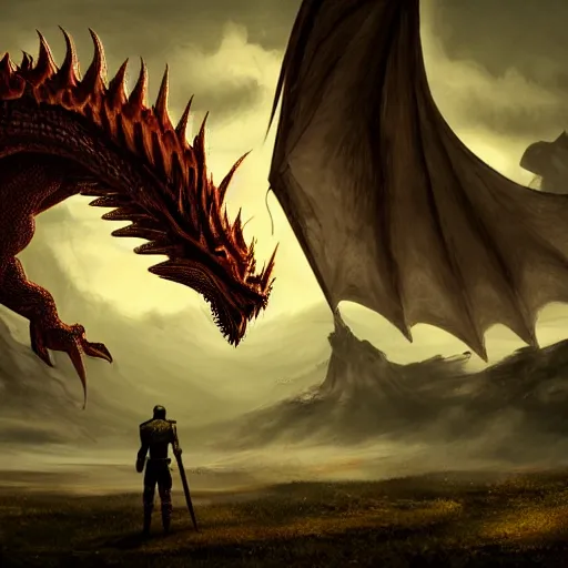 Prompt: a knight facing down a giant dragon