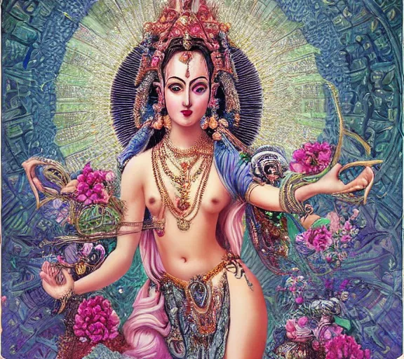 Image similar to breathtaking detailed concept art painting art deco pattern a beautiful devi goddess with shinny skin on sitted on an intricate metal throne, hands pressed together in bow, light - flowers with kind piercing eyes and blend of flowers and gems, by hsiao - ron cheng and john james audubon, bizarre compositions, exquisite detail, extremely moody lighting, 8 k h 1 0 2 4