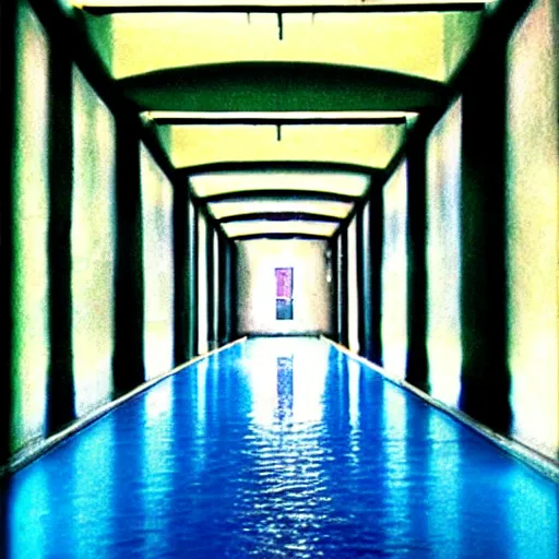 Image similar to Beautiful colored-photo cameraphone 2005 soft liminal Photograph of an infinite dark hallway pool