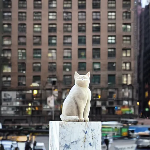 Prompt: a marble statue depicting a cat stands in the middle of new york, bokeh