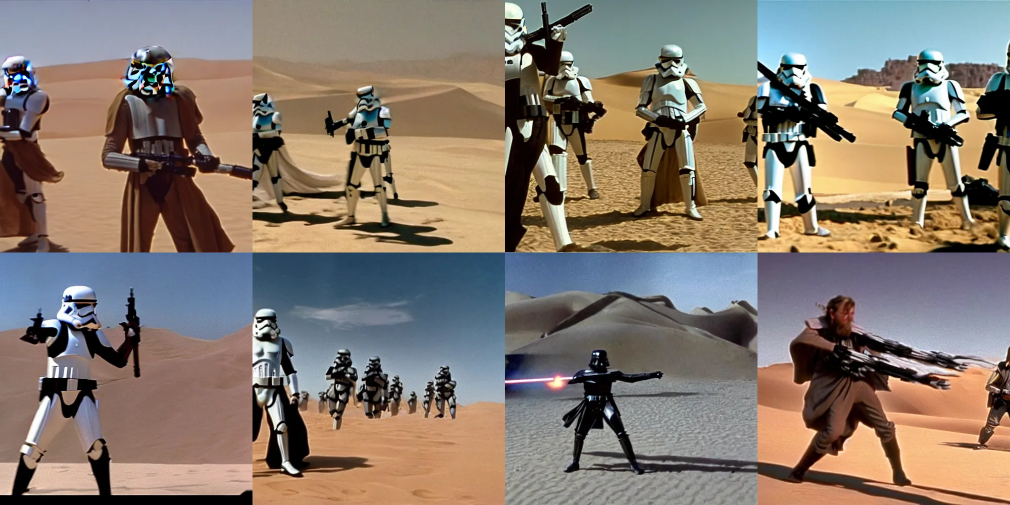 Prompt: a still of alec guiness as obiwan kenobi fighting with stormtroopers in the desert in star wars 1 9 7 7