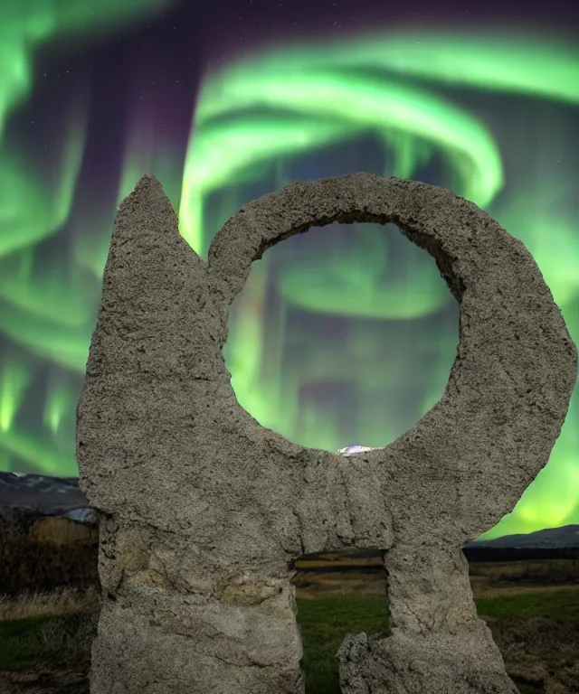 Image similar to stone gateway to another portal, green spiral light, aurora borealis, symmetrical, center focus, 2 0 0 mm, photorealistic