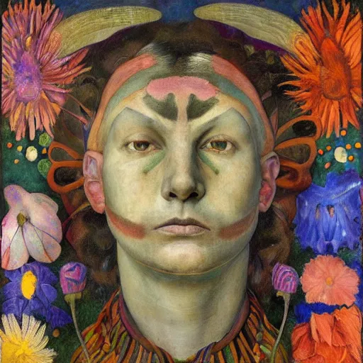 Image similar to masterpiece painting of a modern shaman, by annie swynnerton and jean delville and edward hopper and diego rivera and evelyn de morgan, facemask made of flowers, art brut, outsider art, symbolist, dramatic lighting, god rays, elaborate geometric ornament, clean crisp graphics, smooth sharp focus, extremely detailed, adolf wolfli