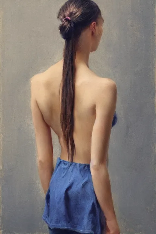 Image similar to girl with messy ponytail hairstyle, back view, blue camisole, shoulder tattoo, jeremy lipking, joseph todorovitch