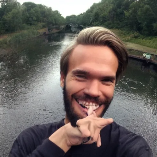 Image similar to pewdiepie selfie at a bridge