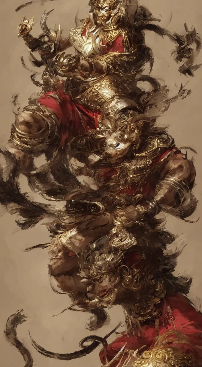 Image similar to concept art of monkey king 孙 悟 空 from chinese myth 西 游 记, 紫 金 冠, 黄 金 甲, character design, artstation by jean - baptiste monge and craig mullins and greg rutkowsk and feng zhu