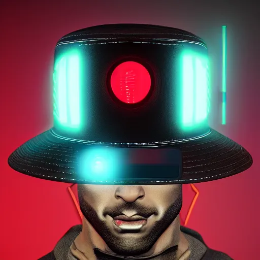 Image similar to a flat brim hat from the future, cyberpunk, highly detailed, epic lighting, hyper photorealism, 8 k