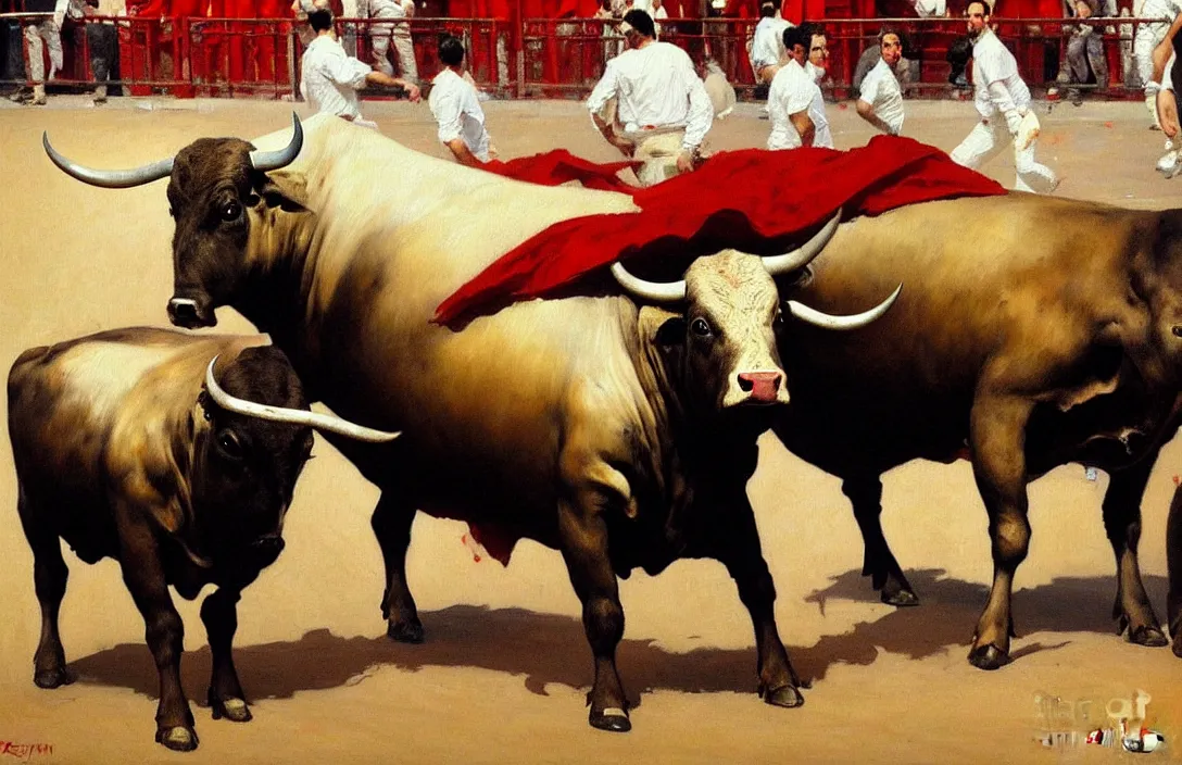 Image similar to bull in the bullring of pamplona, san fermin, detailed painting, epic lighting, by ilya repin, phil hale and kent williams