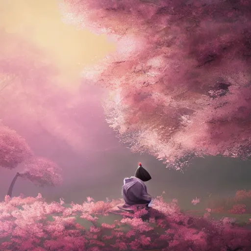 Prompt: A lone samurai sitting on a hill surrounded by cherry blossom trees, photorealism, concept art, HD —H 1024