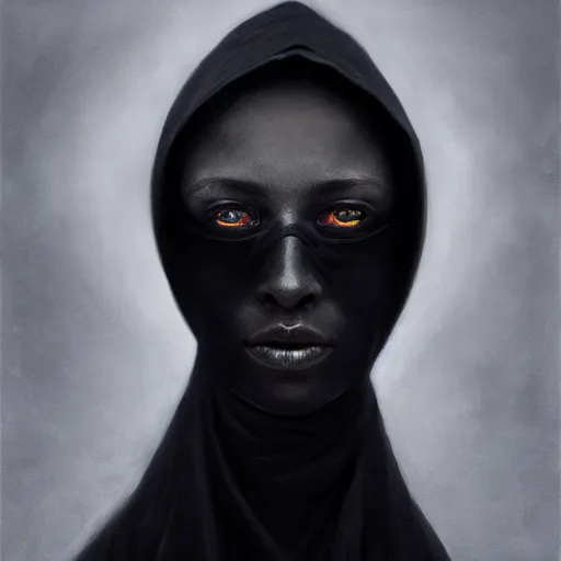 Image similar to a portrait of a young black woman wearing a long dark cloak, hood and shadows covering face, anatomically correct, beautiful perfect face, enigmatic, oil painting, matte painting, black background, Volumetric dynamic lighting, Highly Detailed, Cinematic Lighting, Unreal Engine, 8k, HD, by Beksinski