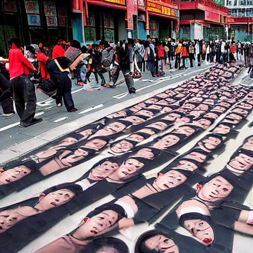 Image similar to beijing photograph cutouts of chinese protesters laying flat litter the streets of beijing, hyperreal - h 6 4 0