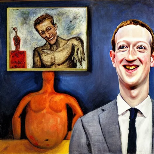 Image similar to “a deliriously happy king mark zuckerberg, portrait oil painting by Otto Dix, oil on canvas (1921)”