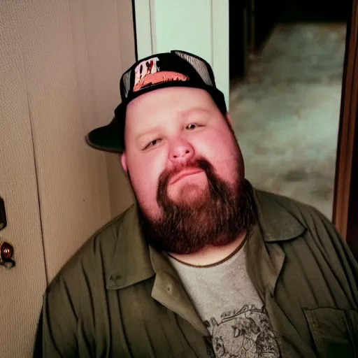 Image similar to close up portrait of fat redneck man in dirty clothes, award winning, kodak gold 2 0 0, ring doorbell camera,