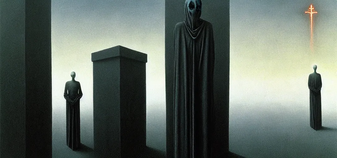 Image similar to dystopian surreal painting of a single eerie head statue surrounded by uneven buildings and alien monks in robes, artstyle by zdzisław beksinski and caravaggio