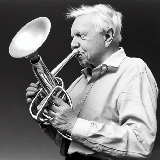 Prompt: david attenborough playing the trumpet