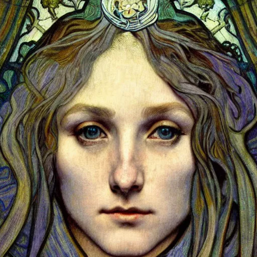 Image similar to detailed realistic beautiful young medieval queen face portrait by jean delville, alphonse mucha, vincent van gogh, and marco mazzoni, art nouveau, symbolist, visionary, gothic, pre - raphaelite
