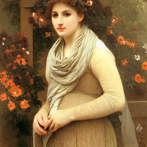 Image similar to A portrait of a fox in a scarf surrounded by flowers by William-Adolph Bouguereau, animal in a scarf, fox wearing a scarf