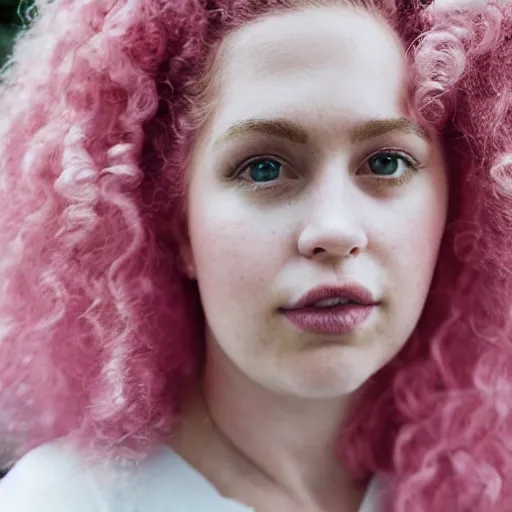 Prompt: a photograph of rose quartz from steven universe, portrait photography, 85mm, iso 400, focus mode ,a kind expression, detailed portrait, gigantic pink ringlets, huge curly pink hair, tight gigantic pink curls, warm features, plus size, white dress, gorgeous, kind features, beautiful woman, flattering photo, daylight