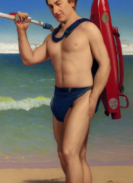 Image similar to portrait Bob Odenkirk as sea lifeguard on the beach, full length shot, shining, 8k highly detailed, sharp focus, illustration, art by artgerm, mucha, bouguereau