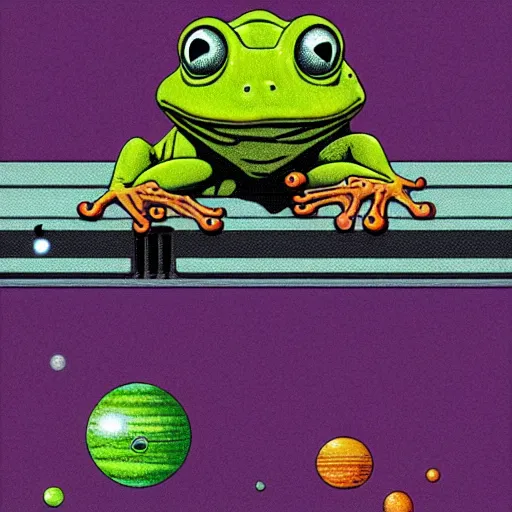 Prompt: frog with 3 eyes ponders nature of the solar system by moebius