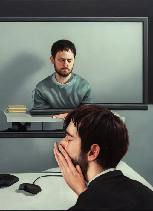 Image similar to insanely detailed portrait of a sleepy - looking programmer guy on his knees in front of his glowing ultrawide monitor begging for forgiveness, oil on canvas, masterwork, fine detail, trending on artstation, emotive, insanely compelling, ryden, koons, moebius