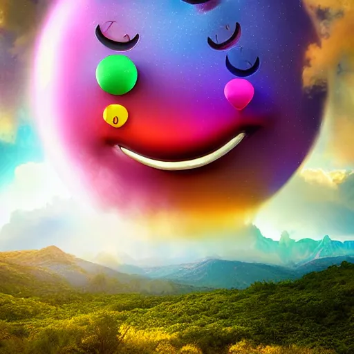 Prompt: fantastical vibrant bulbous smiley face emoji shaped cloud with holes for eyes and mouth, in a nature scene by marc adamus, high definition, gel texture, rays of light breaking behind the emoji, 😃😀😄☺🙃😉😗, cheerful, rave art