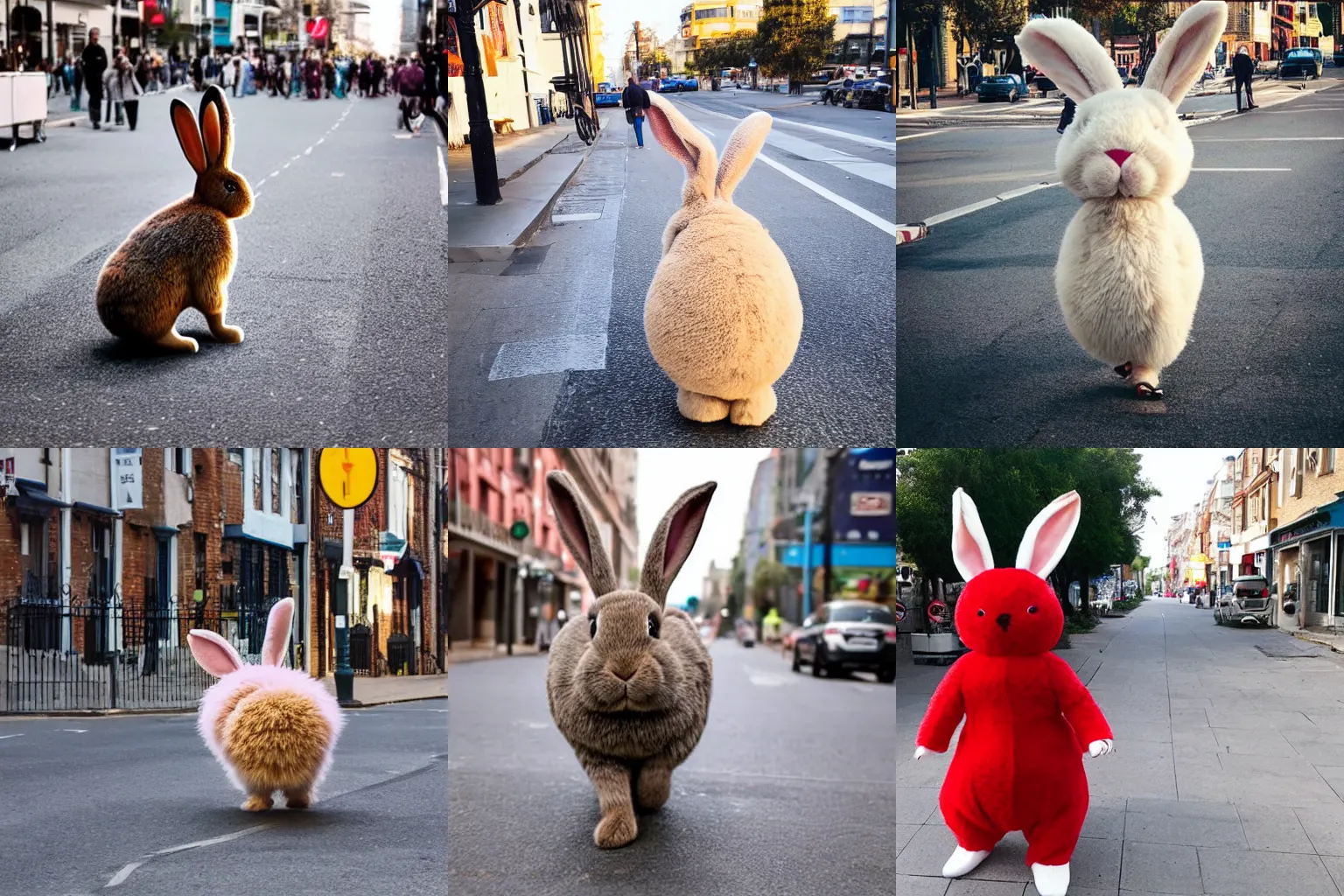 Prompt: a giant no hair bunny walking in the street