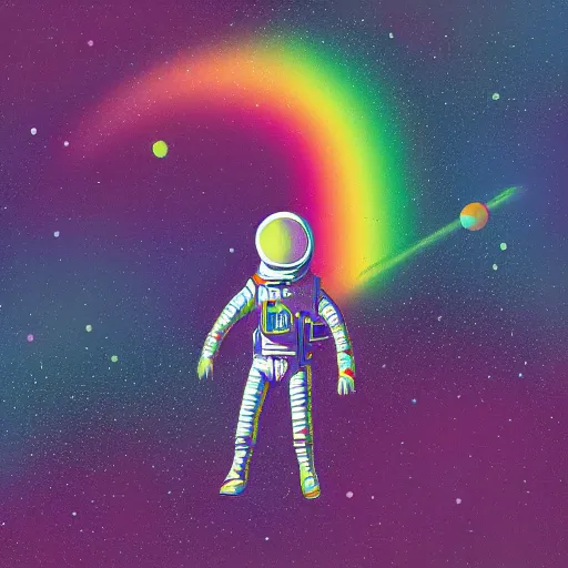 Image similar to space astronaut floating of away from the earth, complex wavy rainbow lines, particals and distortion, in the style of Ori Toor