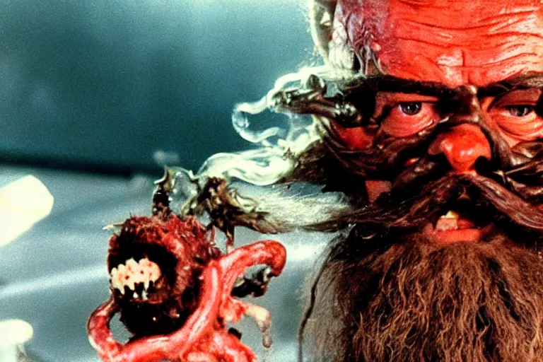 Prompt: scary filmic closeup color ground level angle movie still 35mm film color photograph of Kurt Russel with a beard and mustache burning an abstract alien organism from The Thing 1982 with a flamethrower, in the style of a horror film